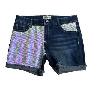 Girls Jordache Flip Sequin Mermaid Distressed Roll Cuff Denim Jean Shorts Sz 16